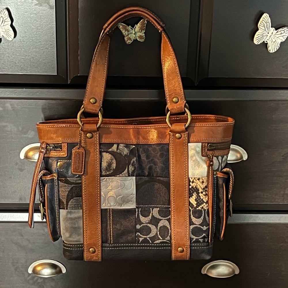 AUTHENTIC COACH DENIM PATCHWORK SATCHEL & KEYFOB